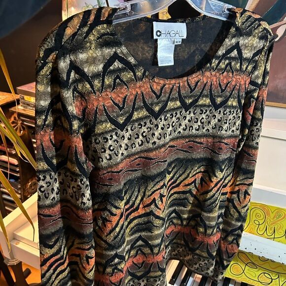 Chagall Chic Animal Print Sweater - Top Black, Brown, Orange Size M - Picture 10 of 16